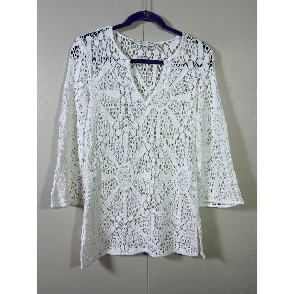 Trina Turk White Crochet Lace Tunic Top Cotton Size M Beach Resort Coastal